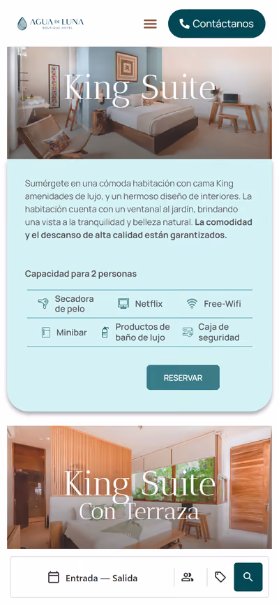 Web de Agua de Luna Hotel Boutique en móvil: otra página