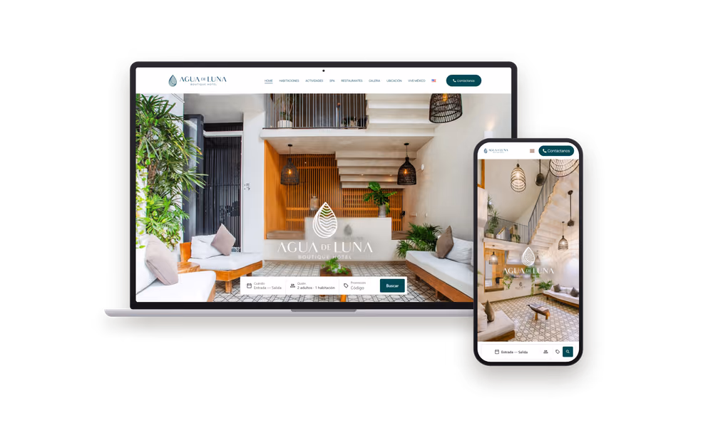 Web de Agua de Luna Hotel Boutique (hoteles y turismo) mostrada en un portátil y un móvil