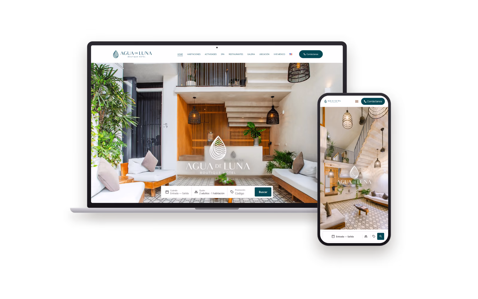 Web de Agua de Luna Hotel Boutique (hoteles y turismo) mostrada en un portátil y un móvil