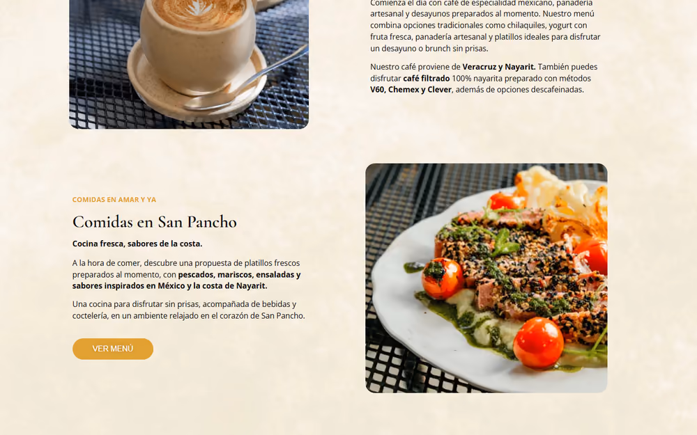 Otra página de la web de Amar y Ya Café en ordenador