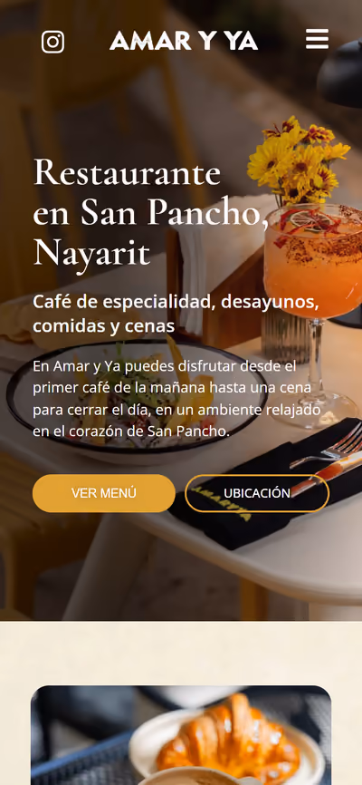 Web de Amar y Ya Café en móvil: página de inicio