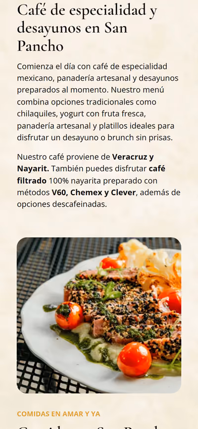 Web de Amar y Ya Café en móvil: otra página
