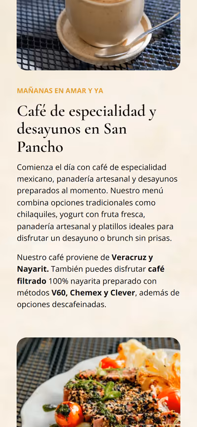 Web de Amar y Ya Café en móvil: página de inicio