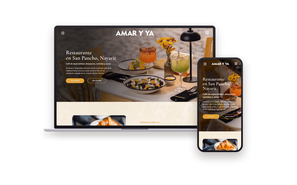 Web de Amar y Ya, restaurante y cafetería en San Pancho, en portátil y móvil
