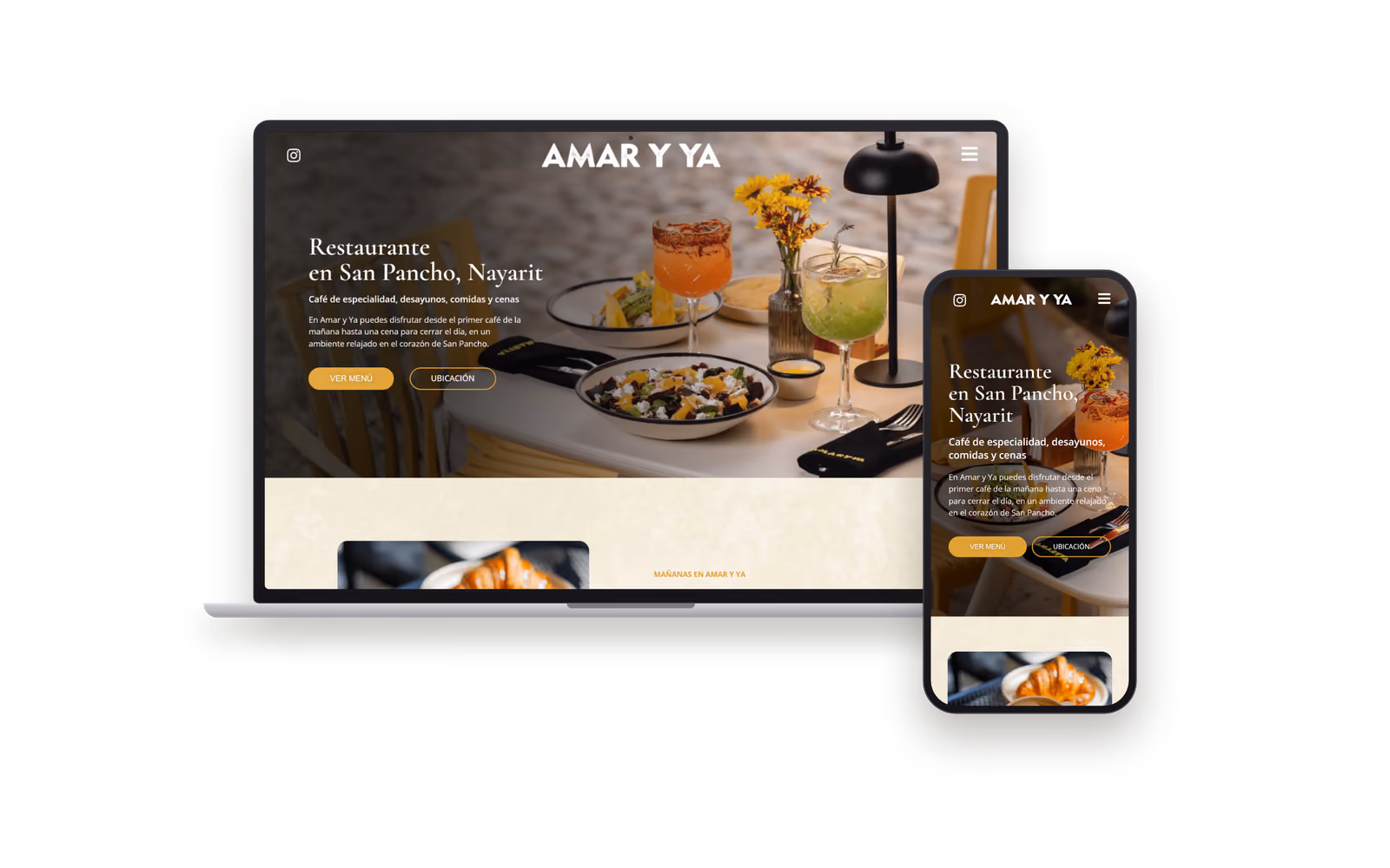 Web de Amar y Ya Café (restaurantes) mostrada en un portátil y un móvil