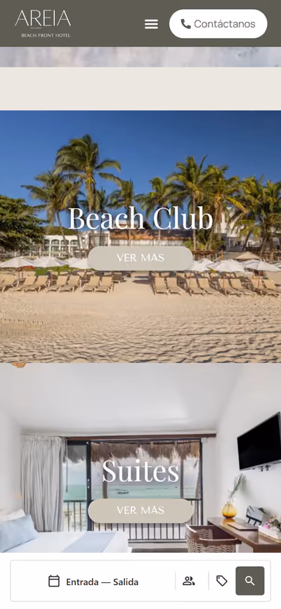 Web de Areia Beachfront Hotel en móvil: página de inicio