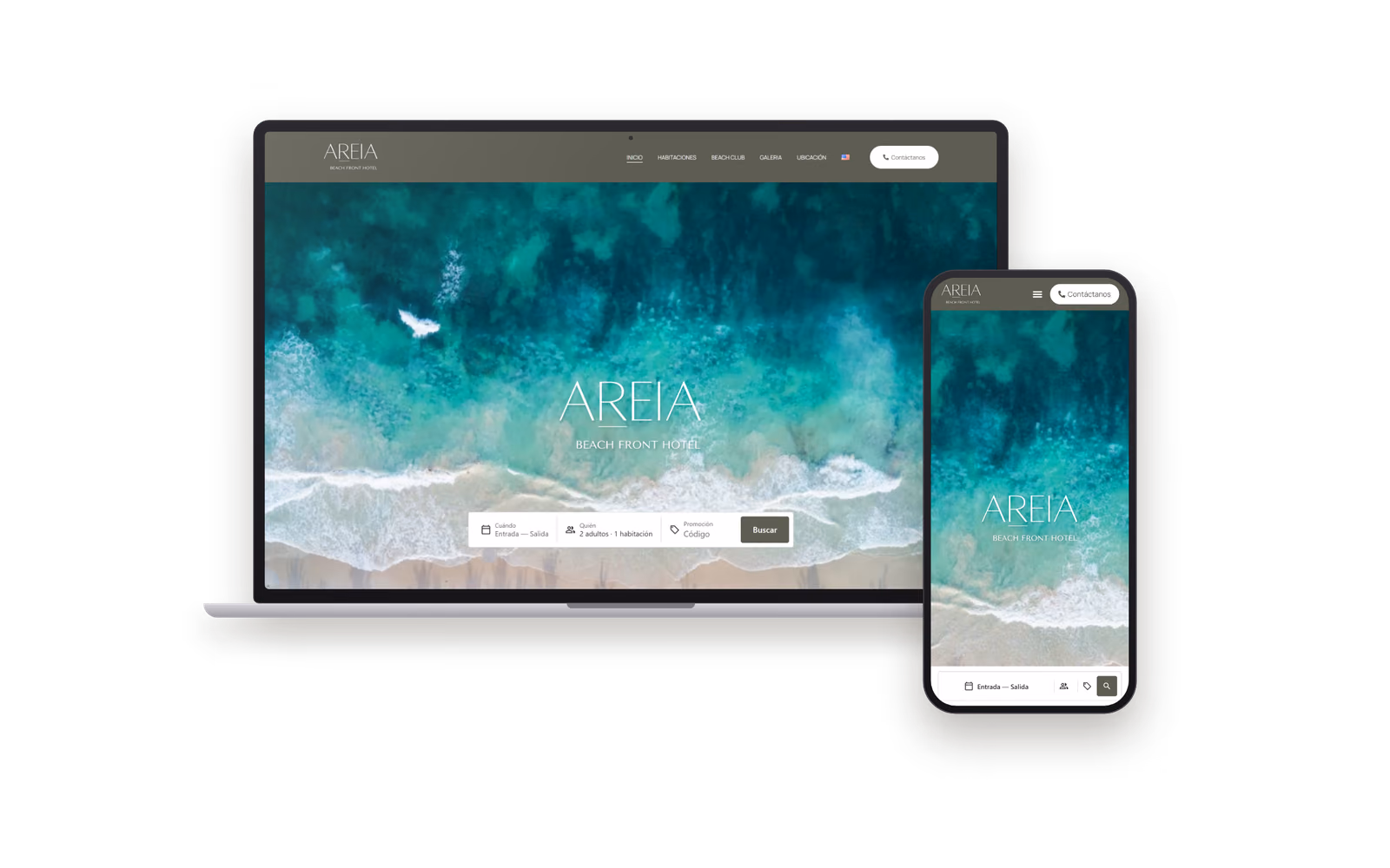 Web de Areia Beachfront Hotel (hoteles y turismo) mostrada en un portátil y un móvil