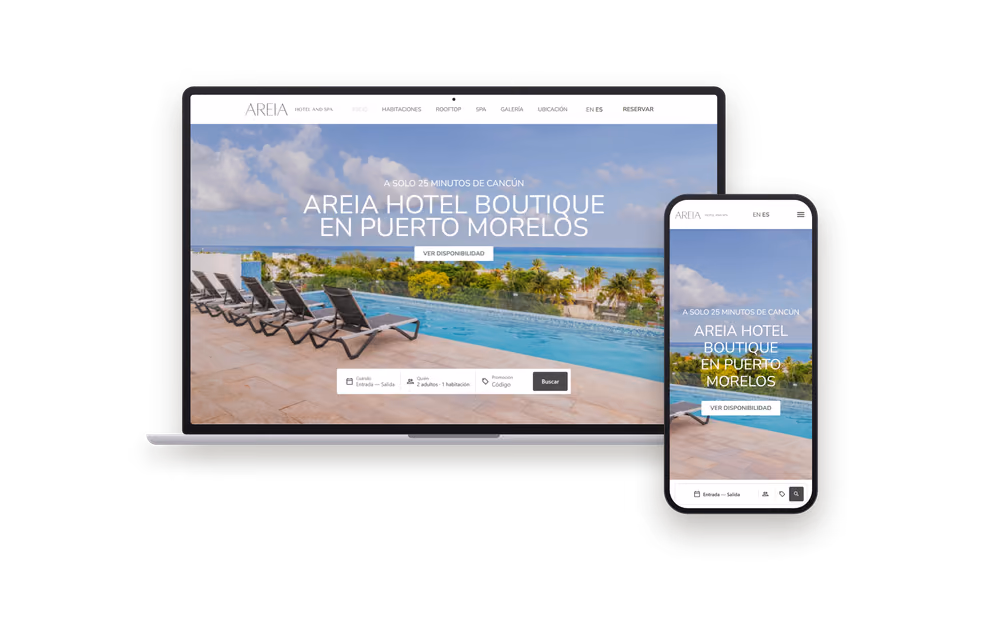Web de Areia Hotel (hoteles y turismo) mostrada en un portátil y un móvil