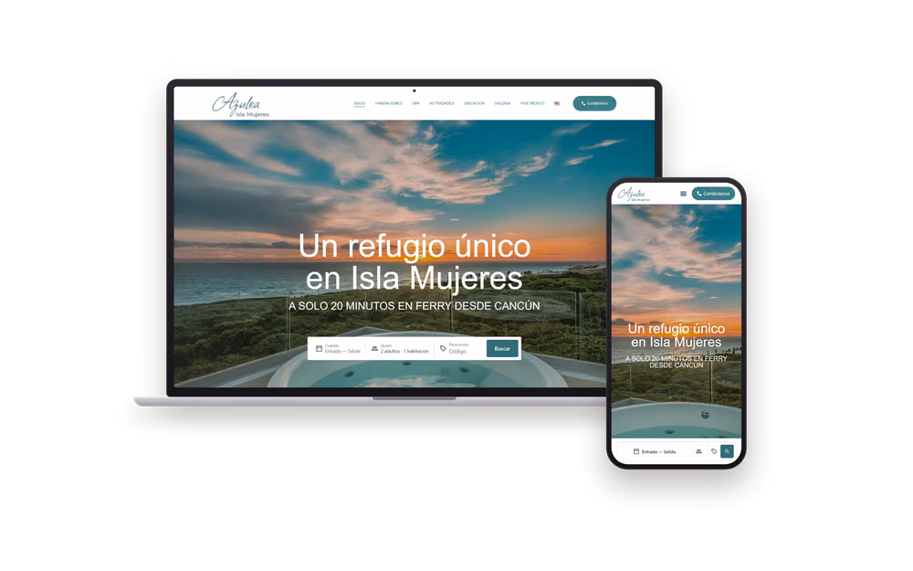 Web de Azulea Hotel (hoteles y turismo) mostrada en un portátil y un móvil