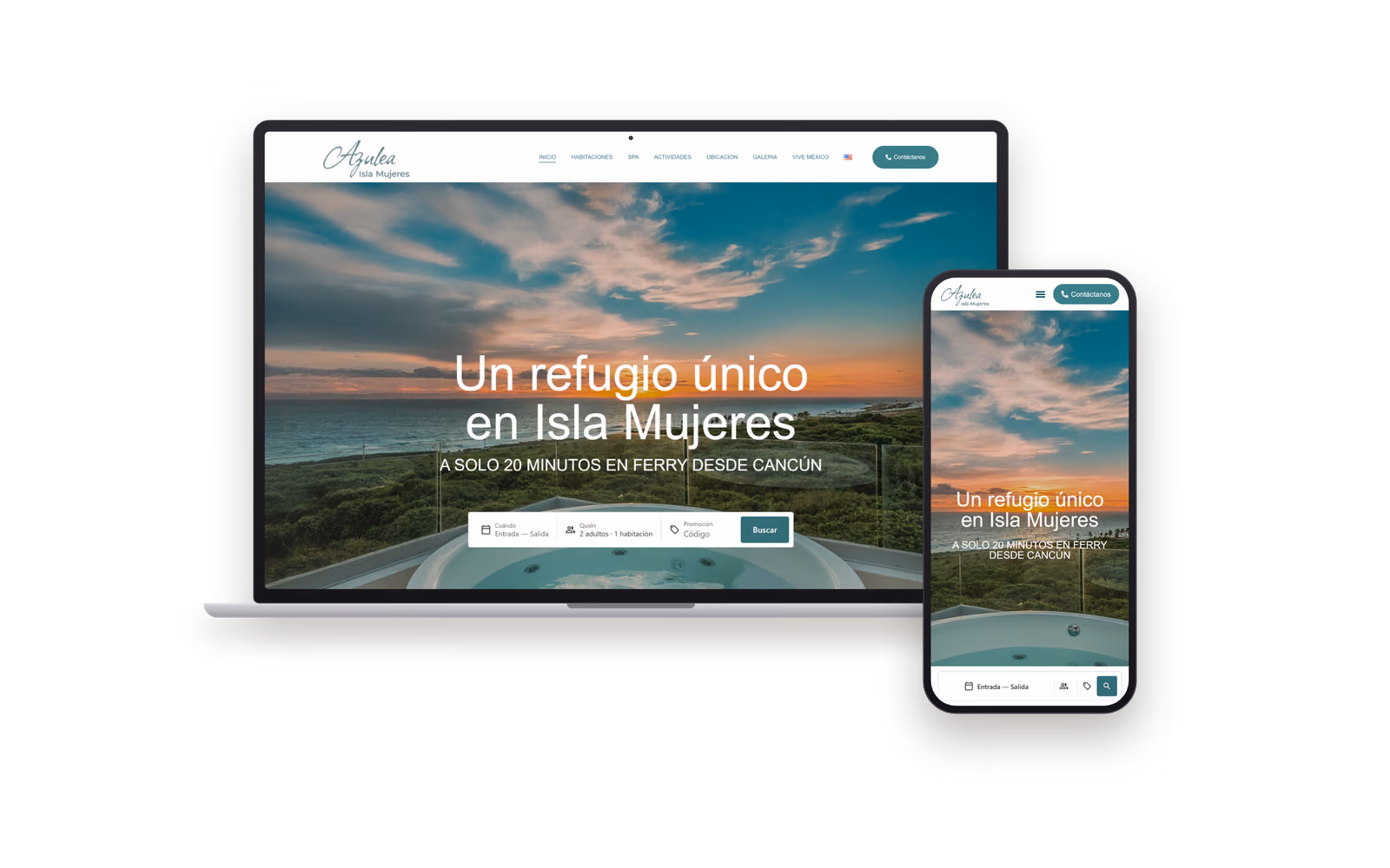 Web de Azulea Hotel (hoteles y turismo) mostrada en un portátil y un móvil