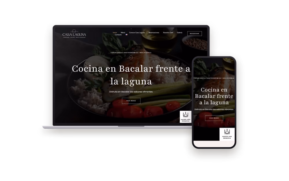 Web de Casa Laguna, restaurante frente a la laguna de Bacalar, en portátil y móvil