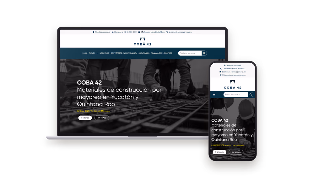 Web de Coba 42 (tiendas y empresas) mostrada en un portátil y un móvil