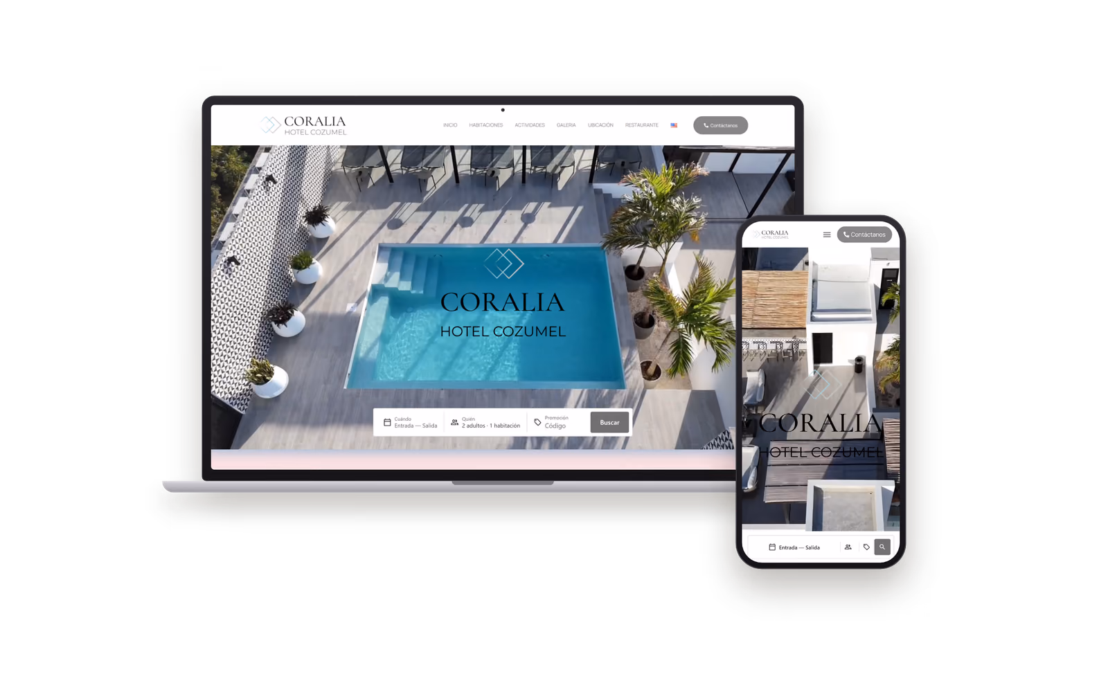 Web de Coralia Hotel Cozumel (hoteles y turismo) mostrada en un portátil y un móvil