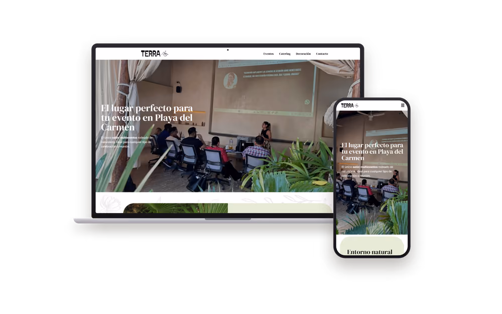 Web de Eventos Terra (tiendas y empresas) mostrada en un portátil y un móvil