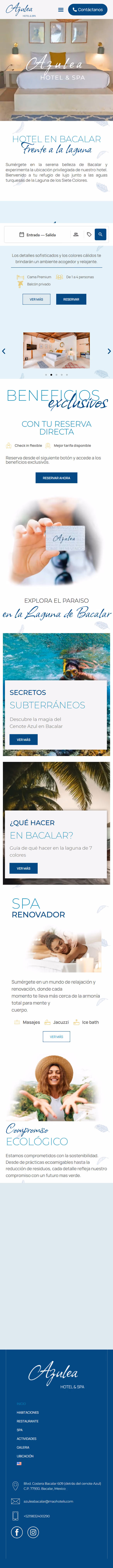 Web del Hotel Azulea Bacalar desplazándose en un móvil: portada, laguna de Bacalar, experiencias y pie de página