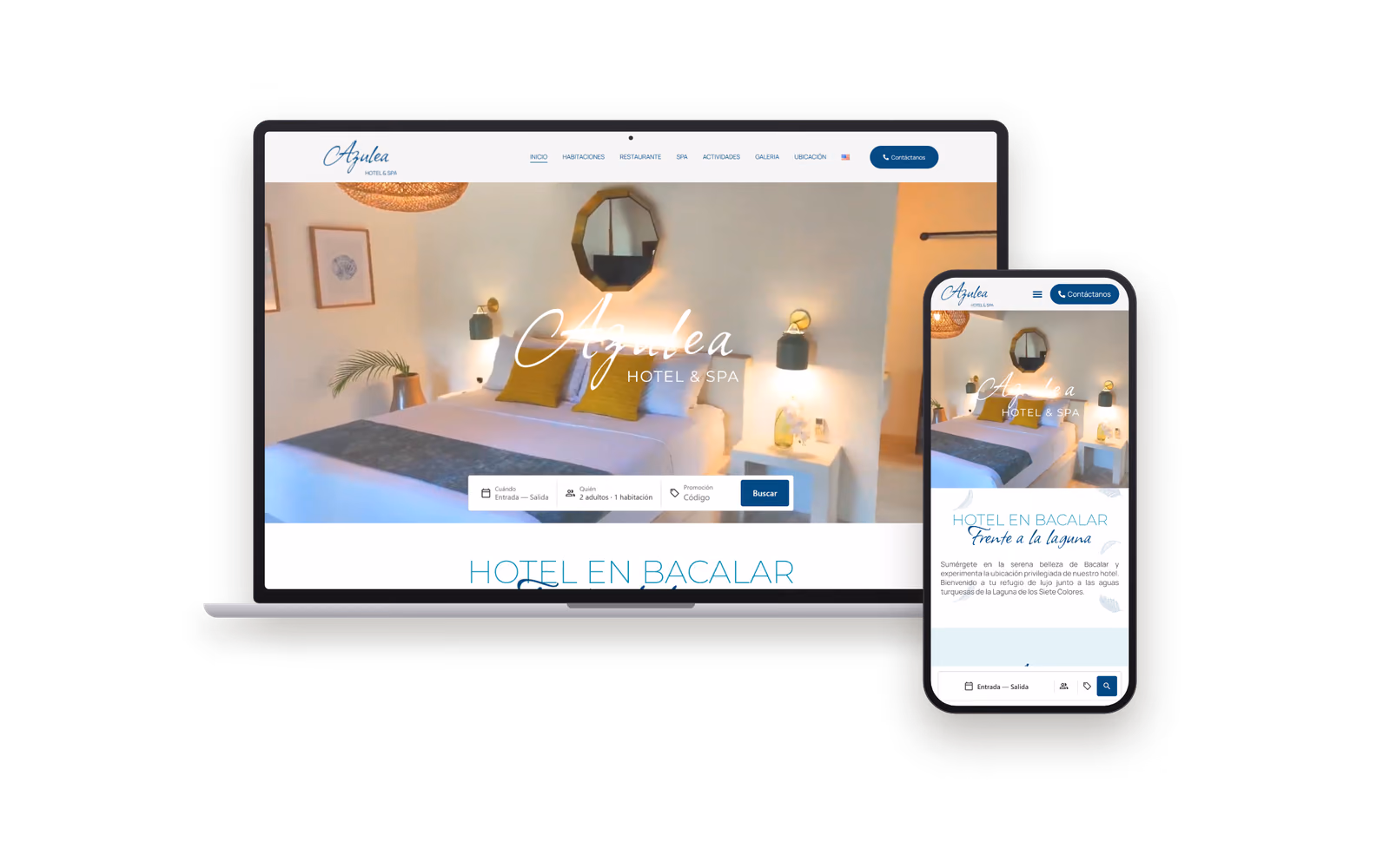 Web de Hotel Azulea (hoteles y turismo) mostrada en un portátil y un móvil