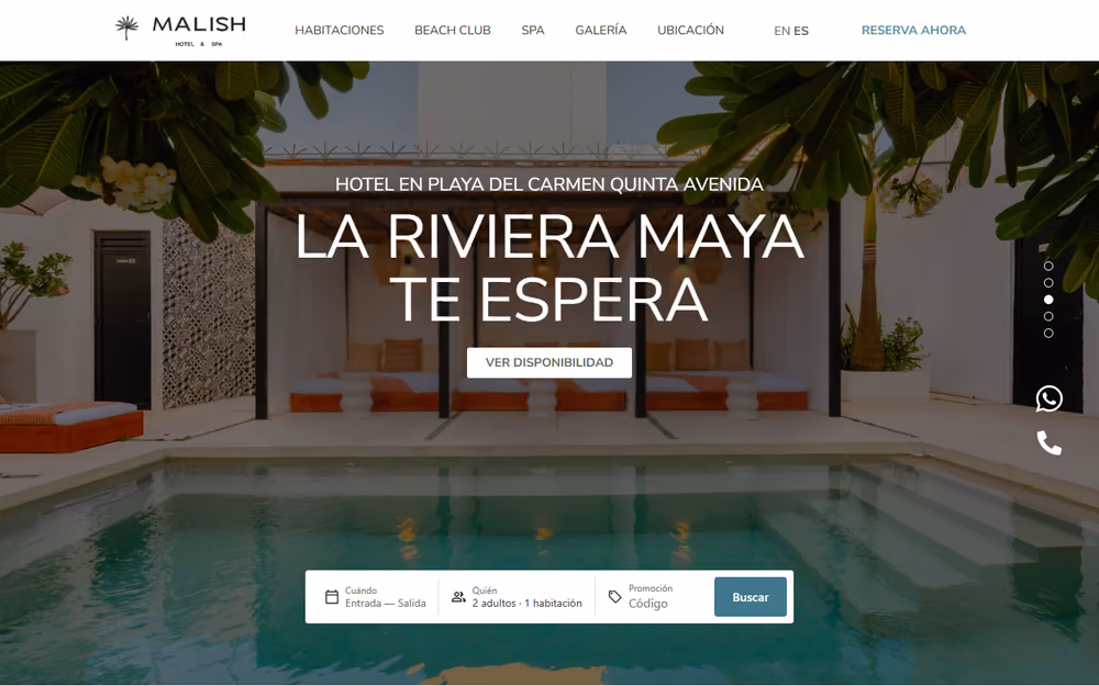 Página de inicio de la web de Hotel Malish en ordenador