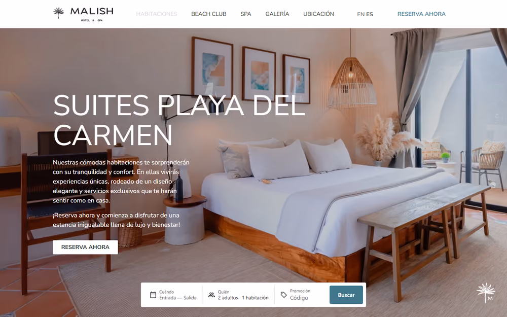 Otra página de la web de Hotel Malish en ordenador