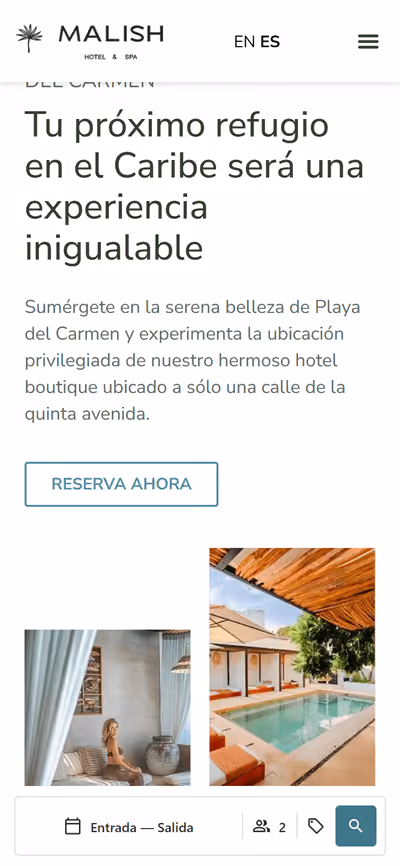 Web de Hotel Malish en móvil: página de inicio