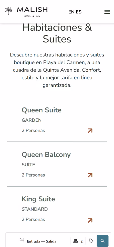 Web de Hotel Malish en móvil: otra página