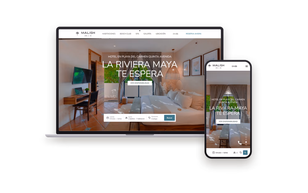 Web de Hotel Malish (hoteles y turismo) mostrada en un portátil y un móvil