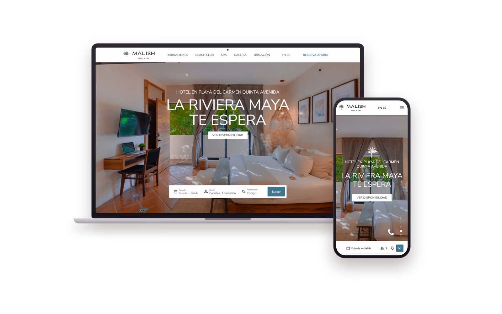 Web de Hotel Malish (hoteles y turismo) mostrada en un portátil y un móvil