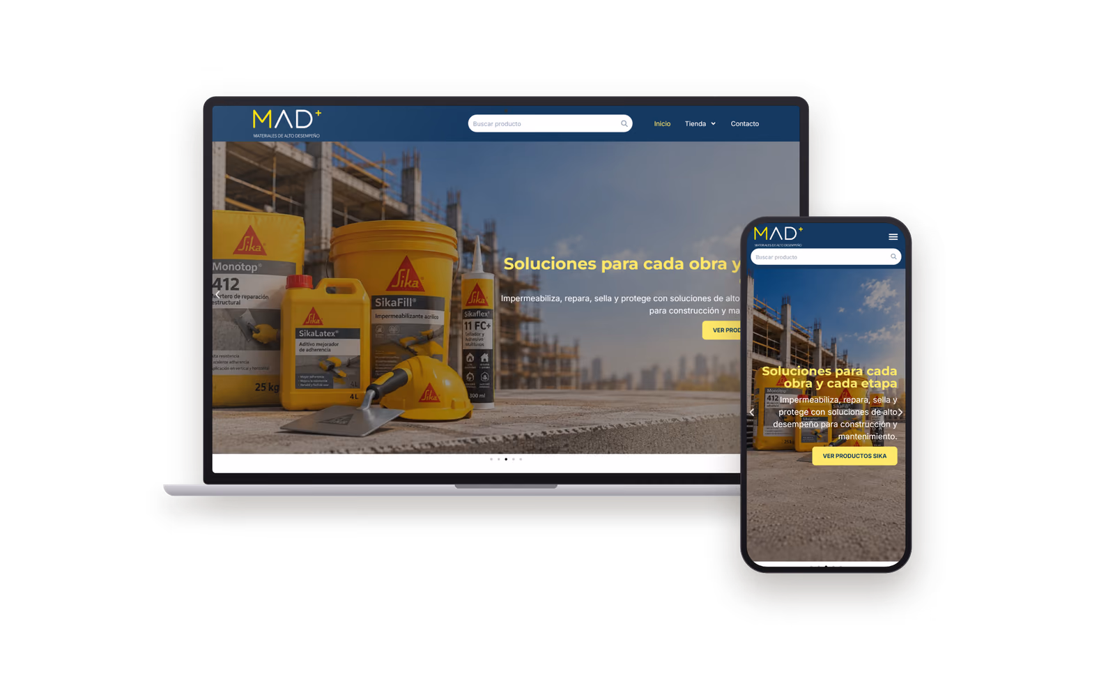 Web de Mad Materiales (tiendas y empresas) mostrada en un portátil y un móvil