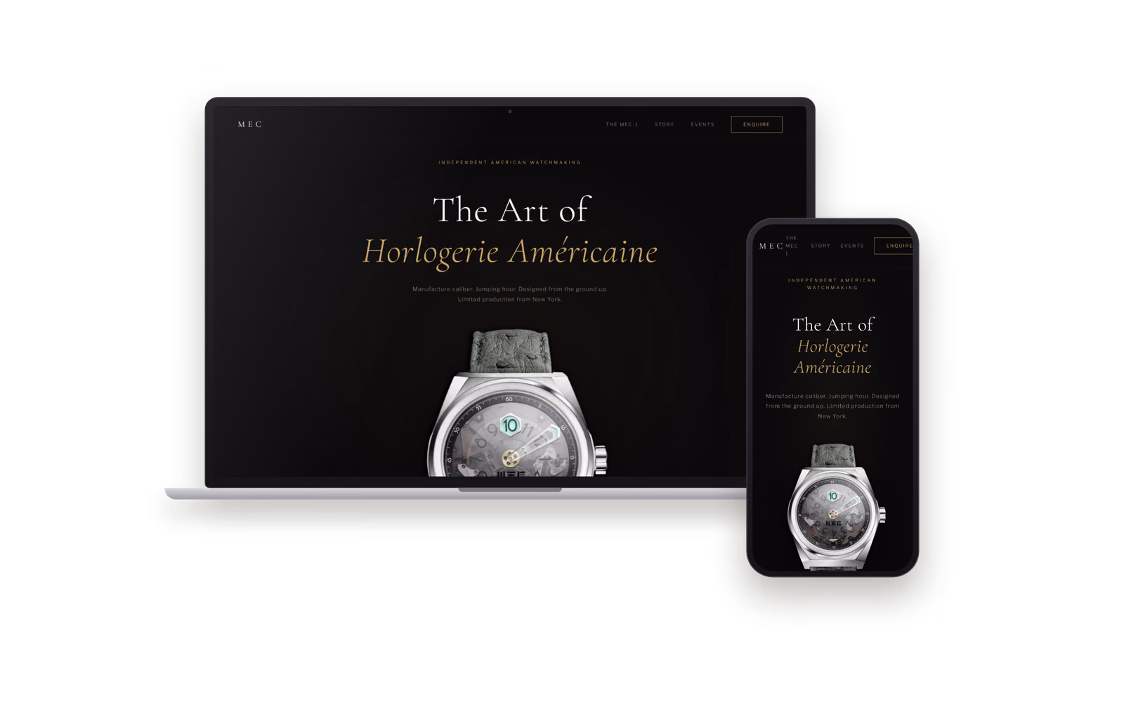 Web de MEC Watches (tiendas y empresas) mostrada en un portátil y un móvil