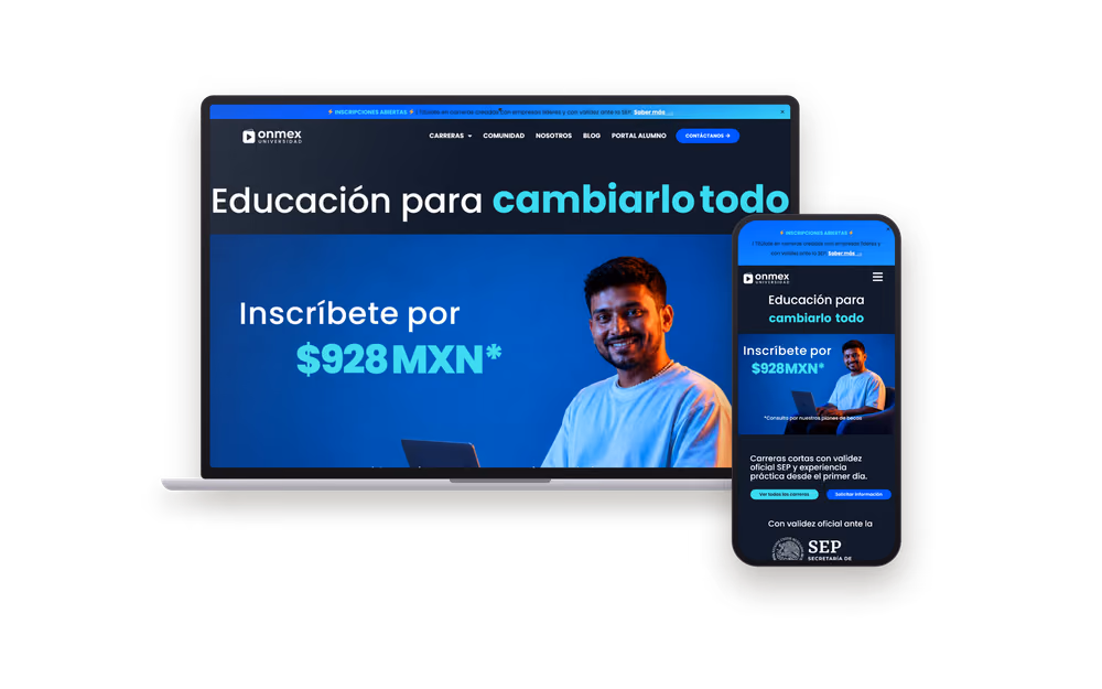 Web de Onmex (educación) mostrada en un portátil y un móvil