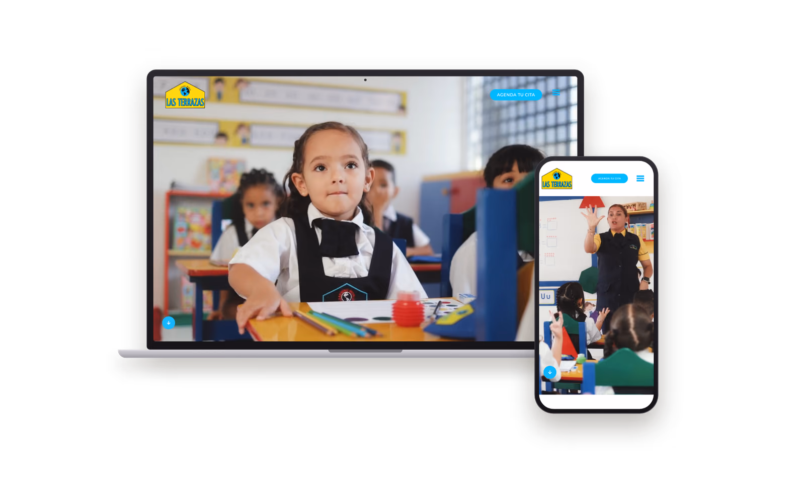 Web de Preescolar Las Terrazas (educación) mostrada en un portátil y un móvil