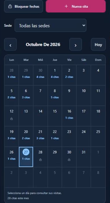Panel de citas de Las Terrazas en el móvil: calendario del mes con las citas de cada día