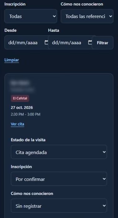 Panel de citas de Las Terrazas en el móvil: seguimiento de una visita, con el nombre desenfocado