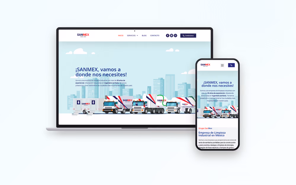 Web de SanMex (limpieza industrial) mostrada en un portátil y un móvil