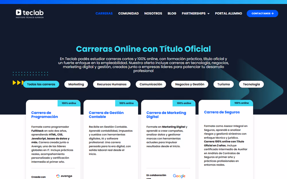 Otra página de la web de TecLab en ordenador