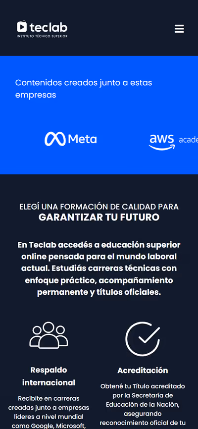 Web de TecLab en móvil: página de inicio