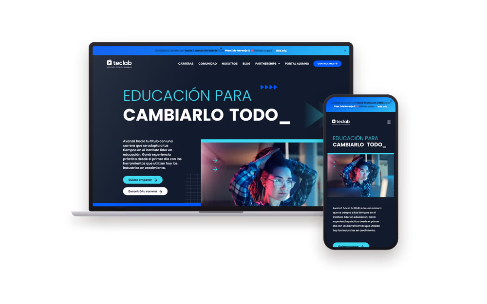 Web de Teclab, carreras con título oficial 100% online, en portátil y móvil