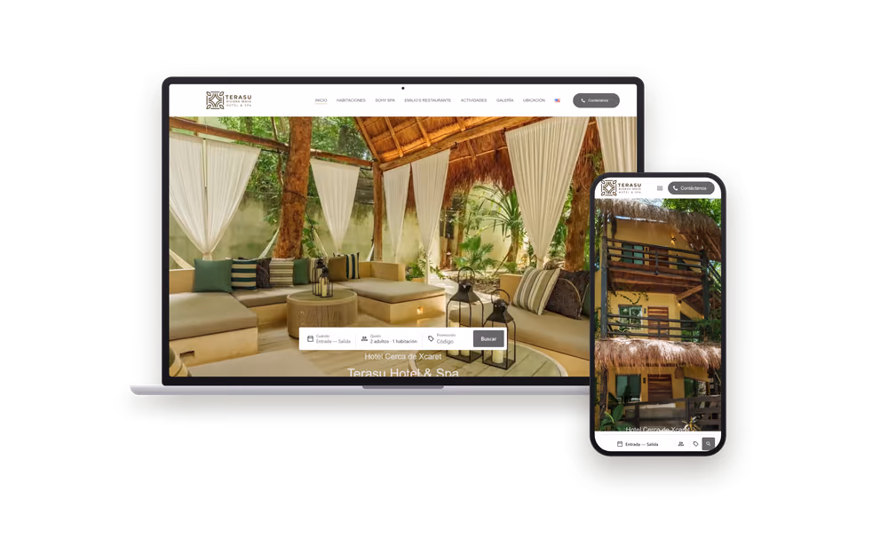 Web de Terasu (hoteles y turismo) mostrada en un portátil y un móvil