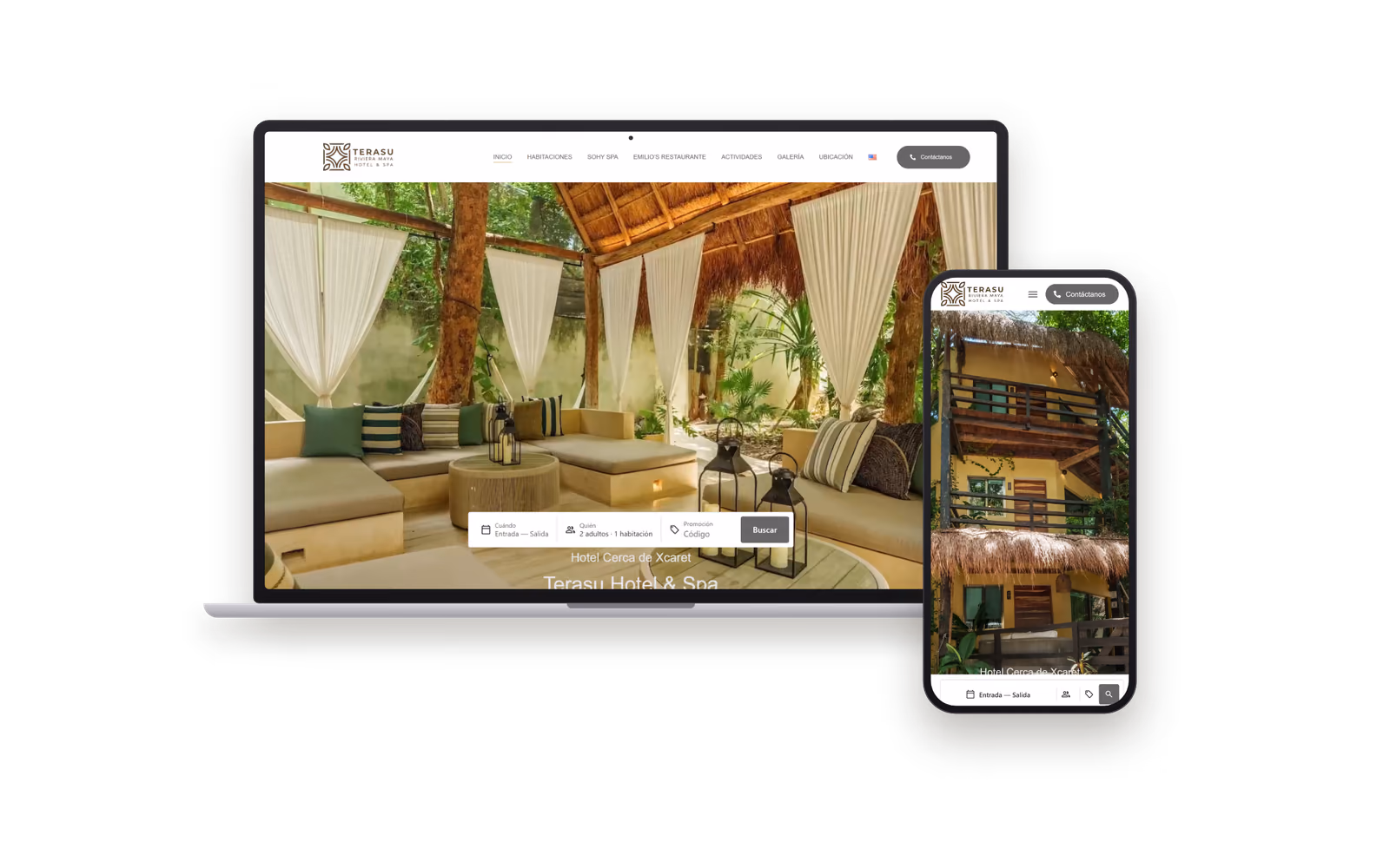 Web de Terasu (hoteles y turismo) mostrada en un portátil y un móvil