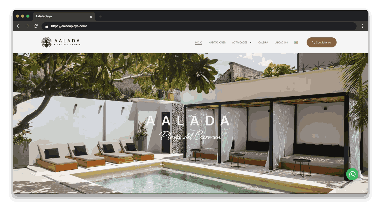 Sitio web de Aalada, un resort en México, mostrando imágenes de sus instalaciones.