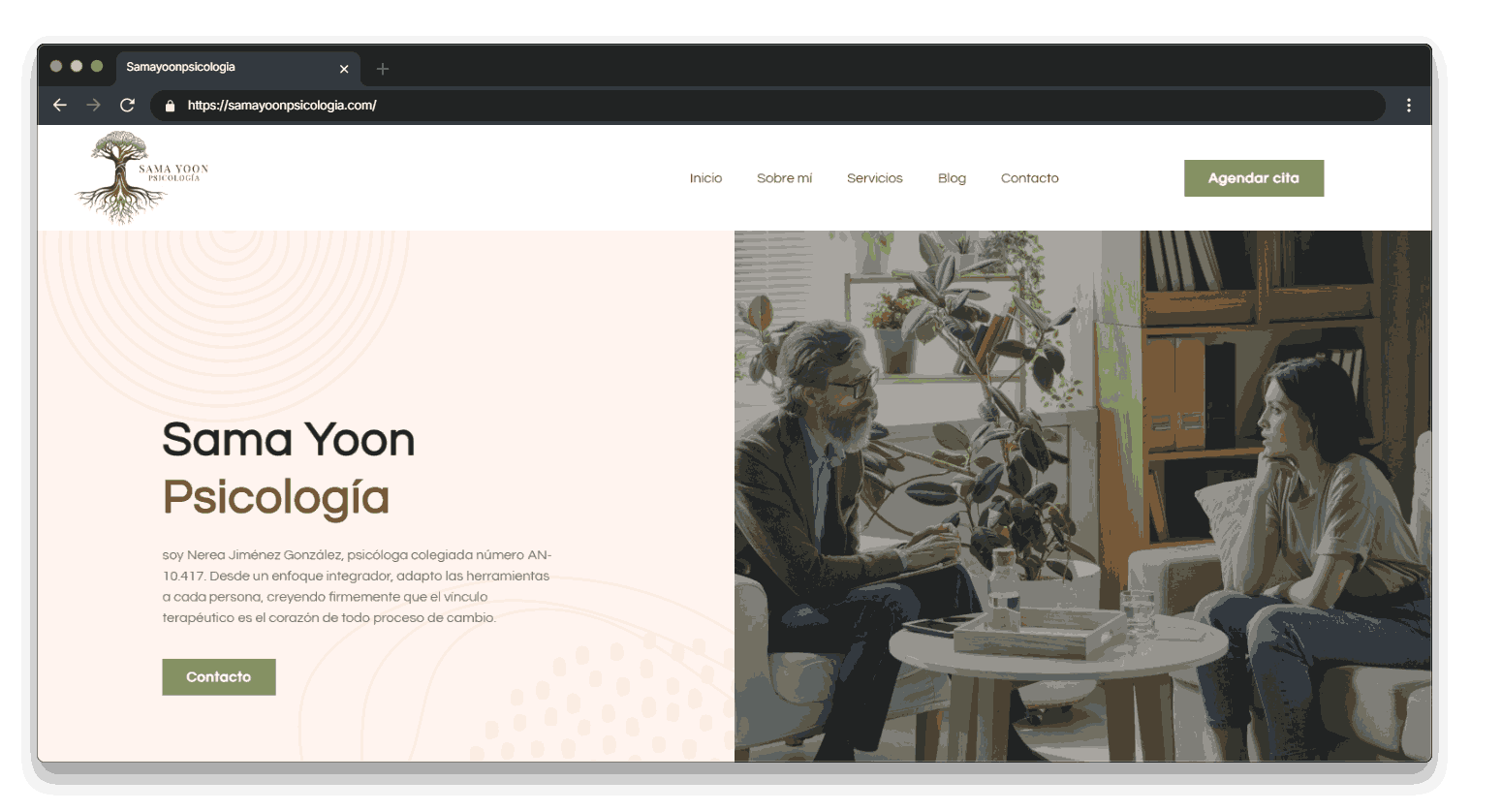 Captura de pantalla de una página web de psicología con escena de consulta, información de servicios y opciones de contacto